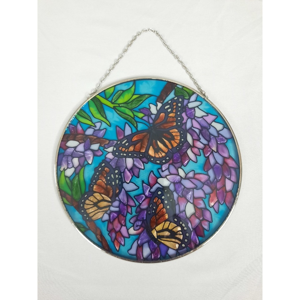 Monarch Butterfly Floral Stained Glass Suncatcher 6.5" Round Fairy Cottage Core